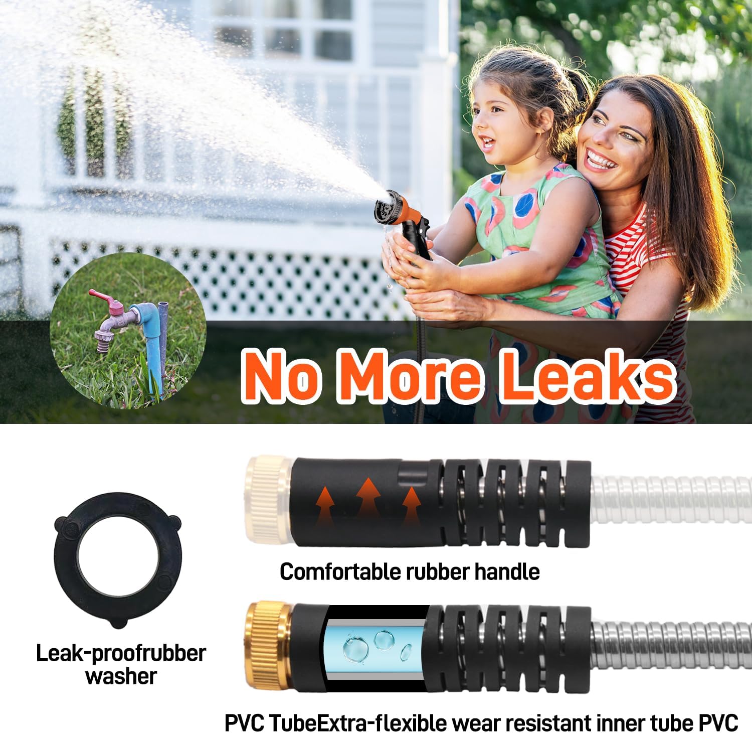 Garden Hose 50FT/75FT, 10 Pattern Thumb Spray Nozzle, No-Kink Flexible Stainless Steel Water Hose, Lightweight Leak & Rust Proof Water Hose for Yard, Outdoor, 3/4" Swivel Connectors BN-LINK