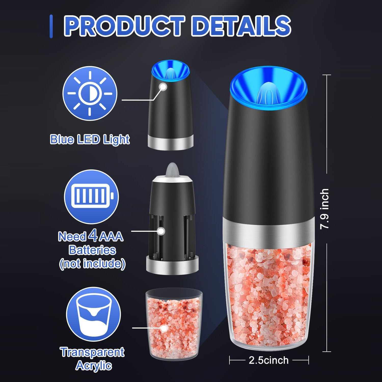 Gravity Electric Pepper and Salt Grinder Set, 2pack Battery Operated Automatic Pepper Mill Grinder with LED Light, Adjustable Coarseness, One Hand Automatic Operation Bn-link