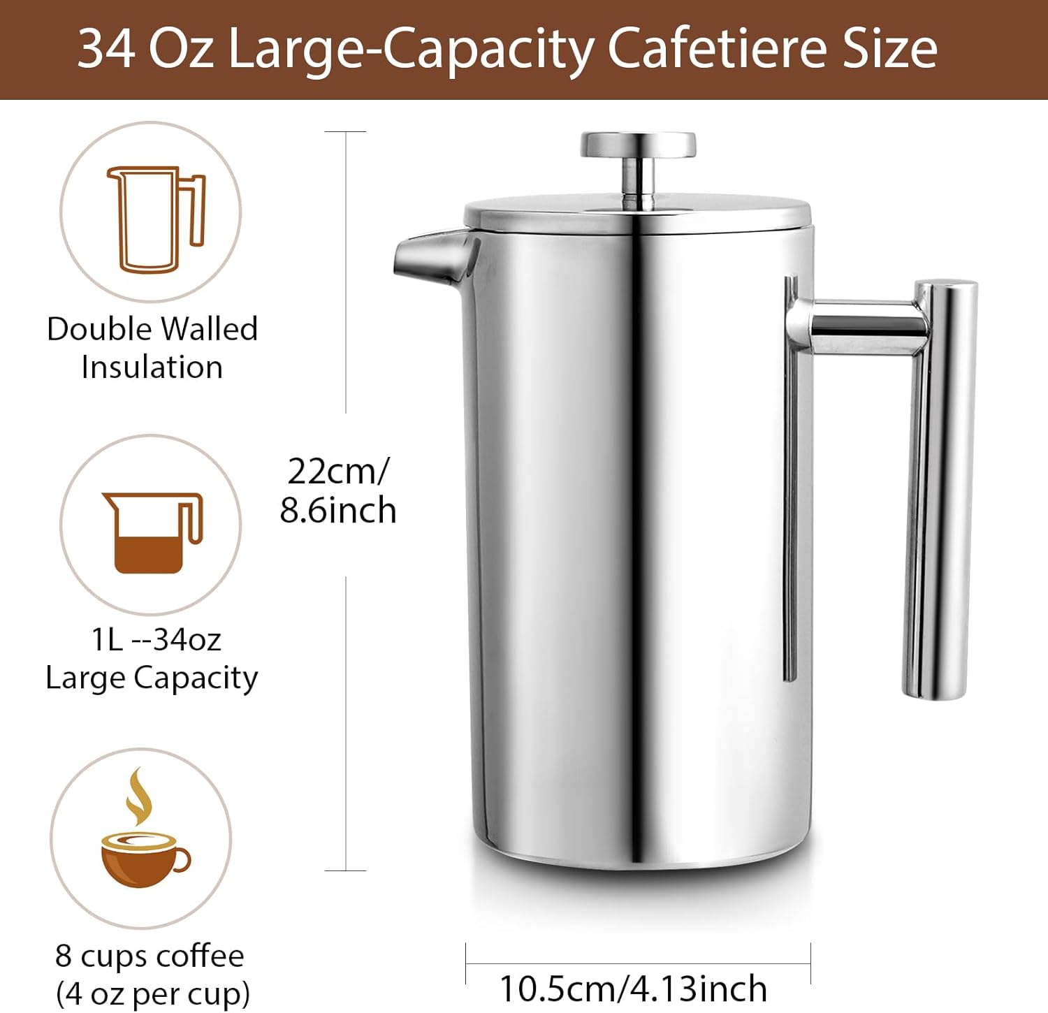 French Press Coffee Maker, 27oz/34oz Stainless Steel French Press Coffee Maker, 3 Filtration & Double Wall Insulation Bn-link