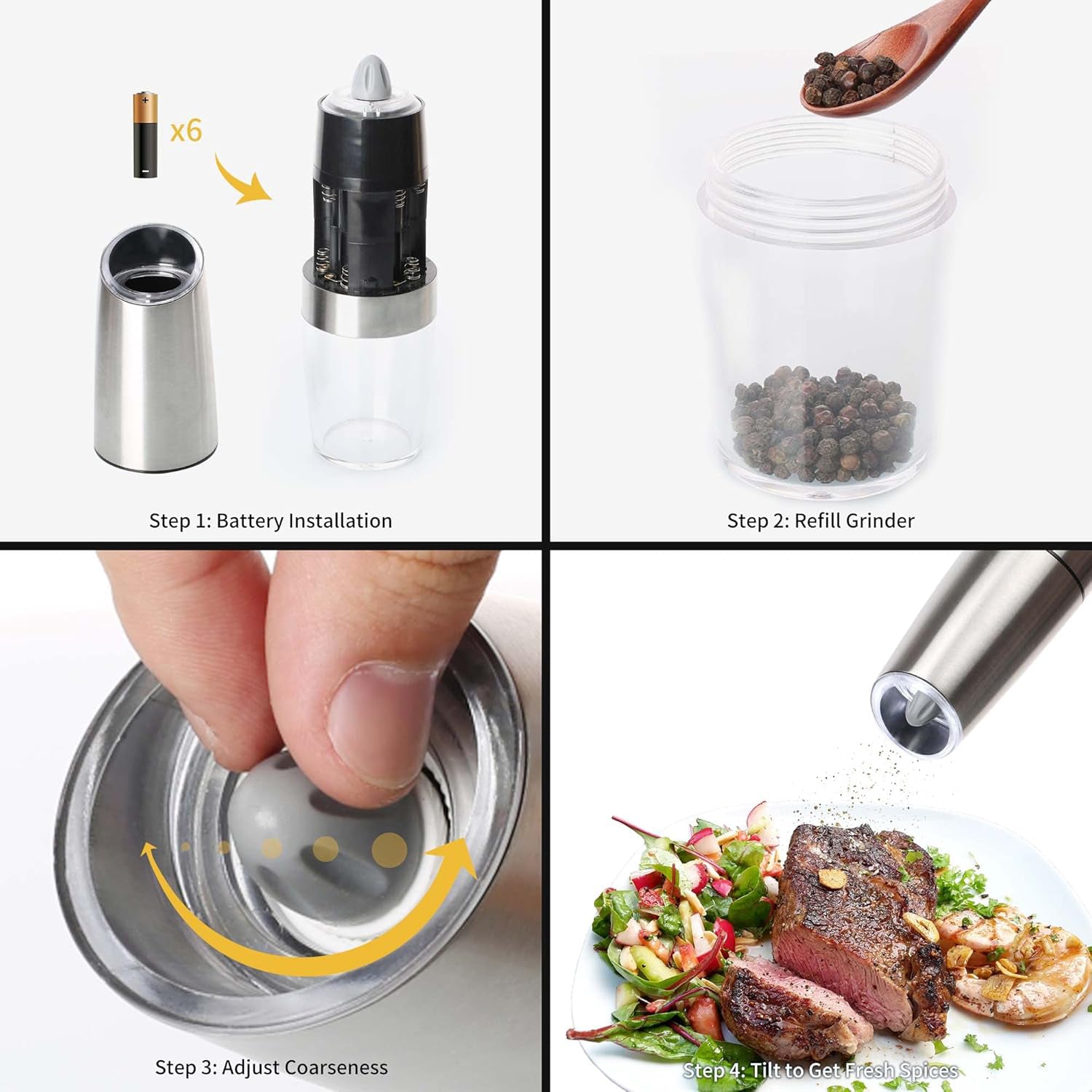 2 Pack Stainless steel Electric Salt and Pepper Grinder Set, Automatic Gravity Salt and Pepper Mill with Adjustable Coarseness, Battery Powered with LED Light Bn-link