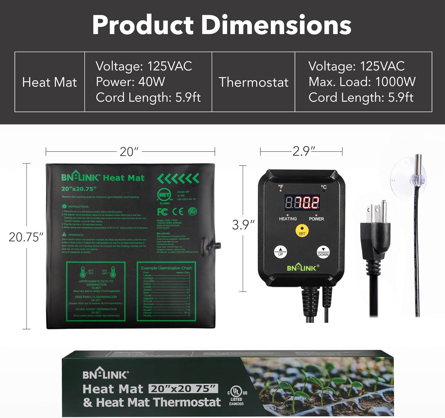 Seedling Heat Mat 20" x 20.75" with Heating Thermostat Outlet Controller BN-LINK - BN-LINK
