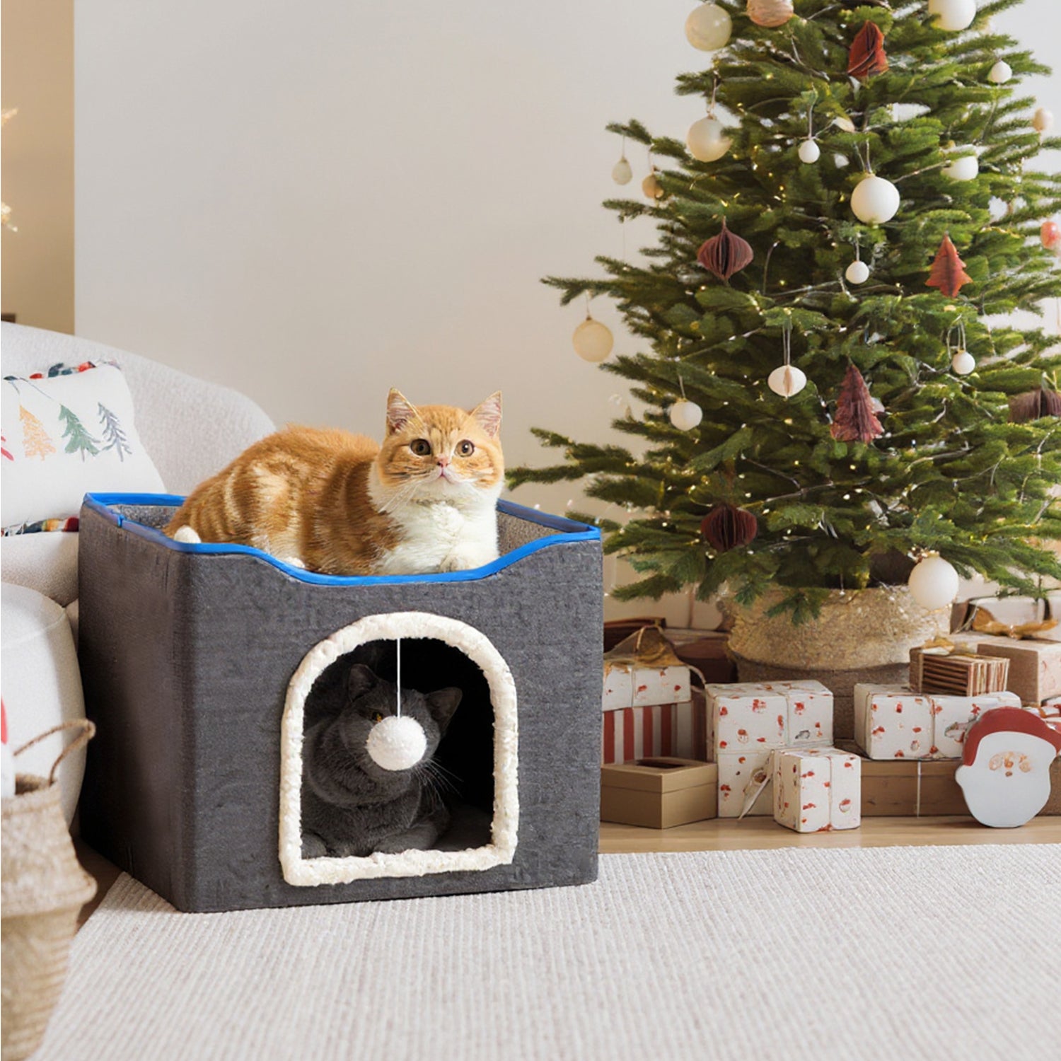 Cat Bed, Cat Cave with Fluffy Ball and Scratch Pad, Foldable Cat Condo Hideaway with Reversible Cushion for Multi Small Pet Bn-link
