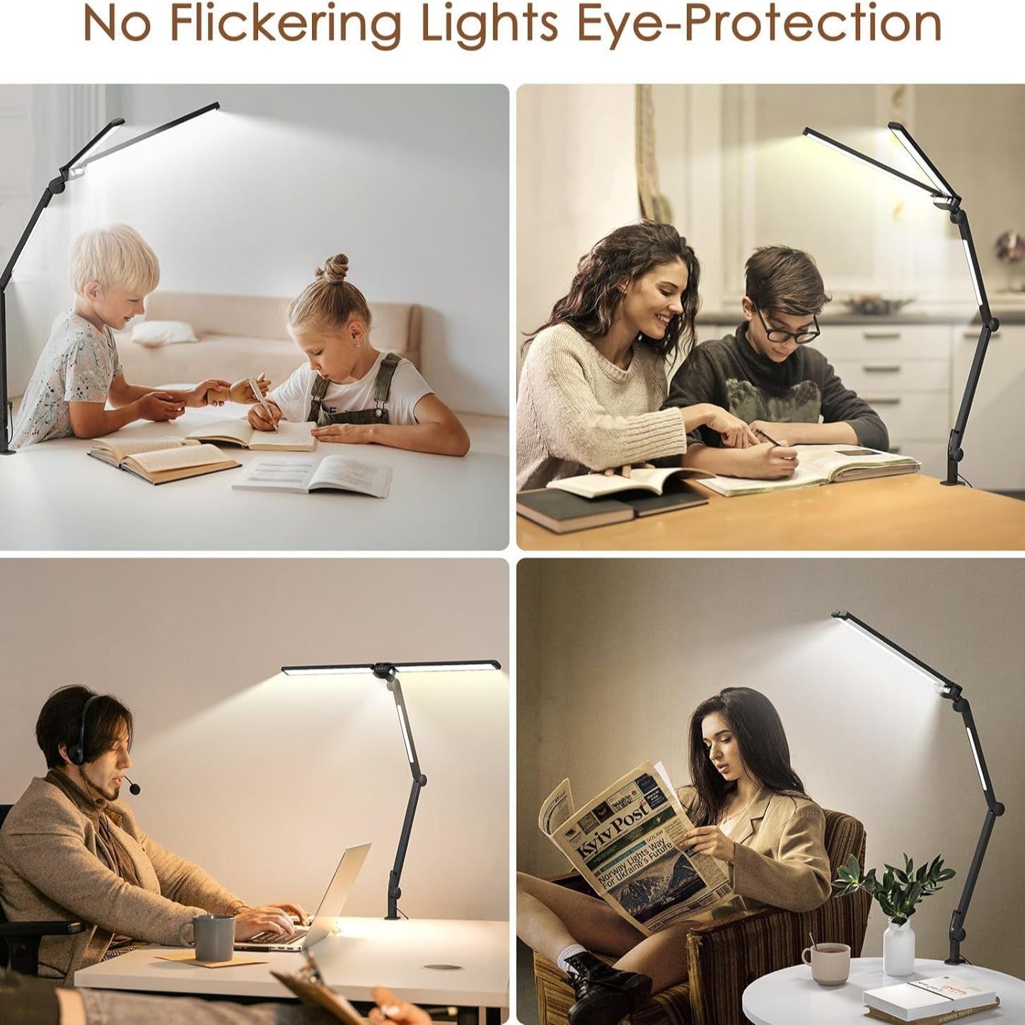 LED 3 Heads Desk Lamp With Remote Control, 360°Adjustable Tall Desk Lights With Clamp, 5 Brightness Modes & 4 Colors Bn-link