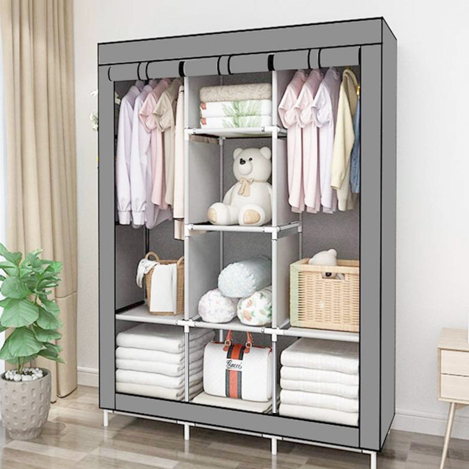 Portable Closet Wardrobe, Wardrobe Closet Organizer With Non-Woven Fabric Cover, 8 Compartments, Large Clothes Storage Organizer, 51.2x 17.7 x 67 Inches, Gray Bn-link