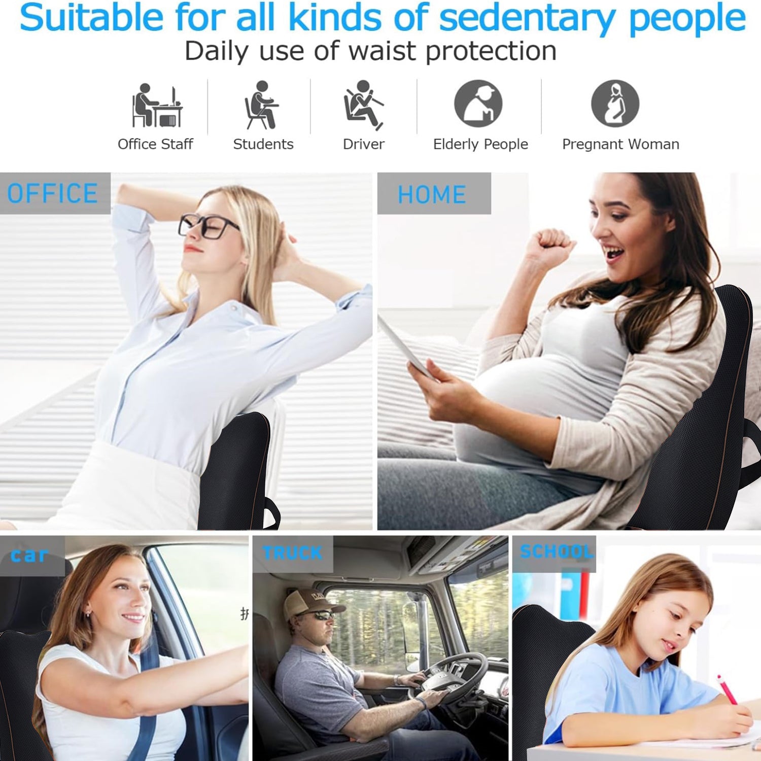 Lumbar Support Pillow For Office Chair and Car Seat, Memory Foam Back Cushion with Adjustable Strap for Back Pain Relief Bn-link