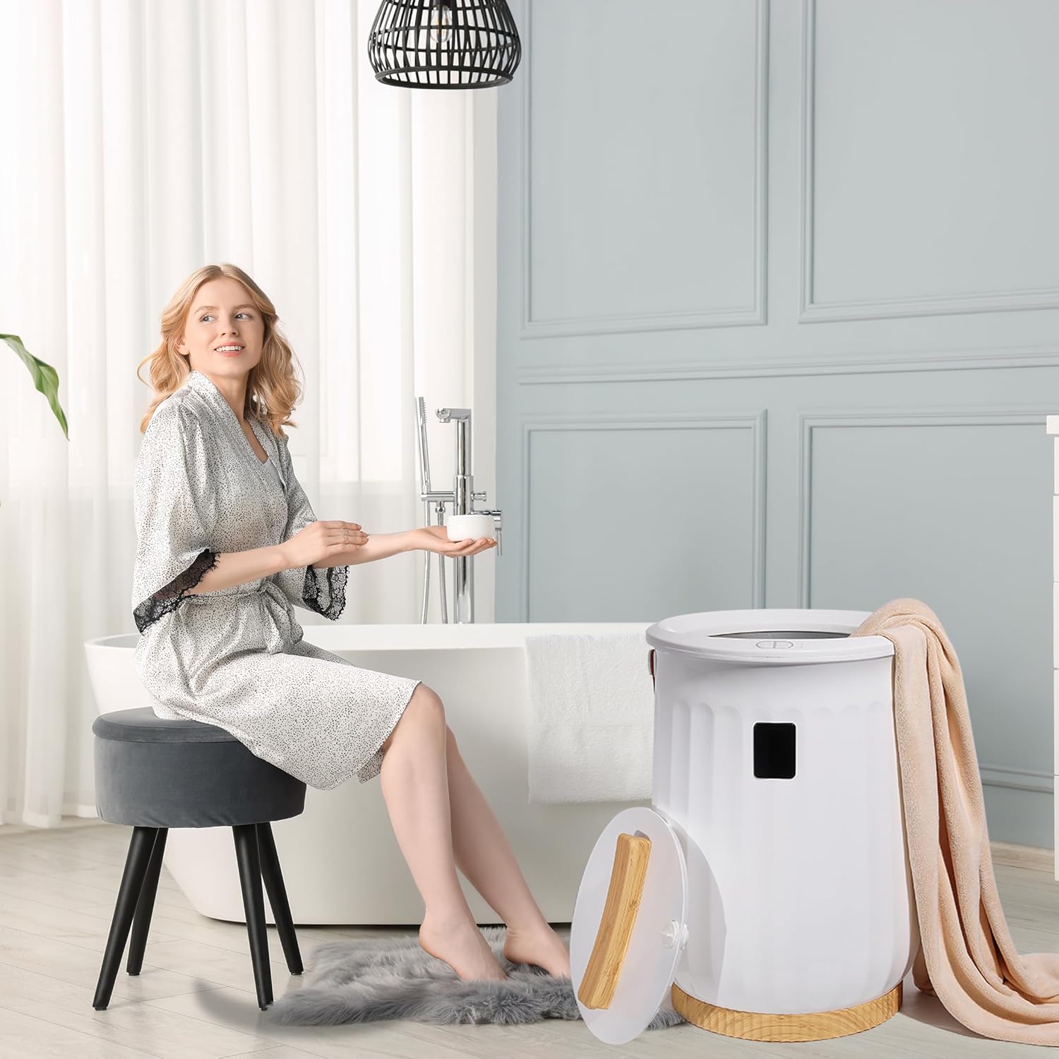 Tower Warmer, 20L Large Hot Towel Warmers Bucket with LED Display, Auto Shut Off, Child Lock, Heat Timer 15/30/45/60 Min Adjustable, for Hot Tub, Bathroom, Spa, White