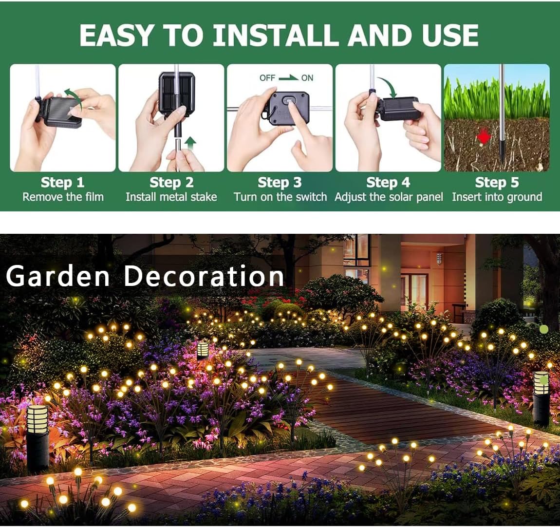 Warm White 2 Pack/4 Pack Solar Garden Lights, Auto On/Off 16 LED Solar Swaying Lights Outdoor Waterproof, Firefly Light for Outside Yard Pathway Landscape Decorations Bn-link