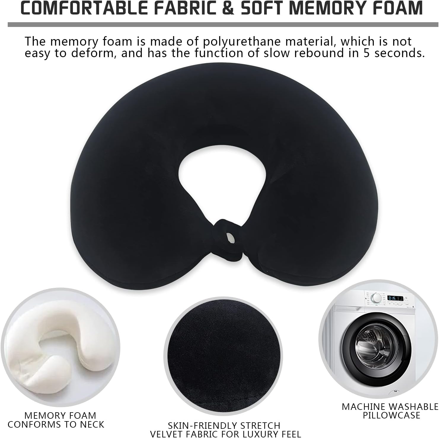 Memory Foam Travel Neck Pillow with Attachable Snap Strap Soft Washable Cover Bn-link - BN-LINK