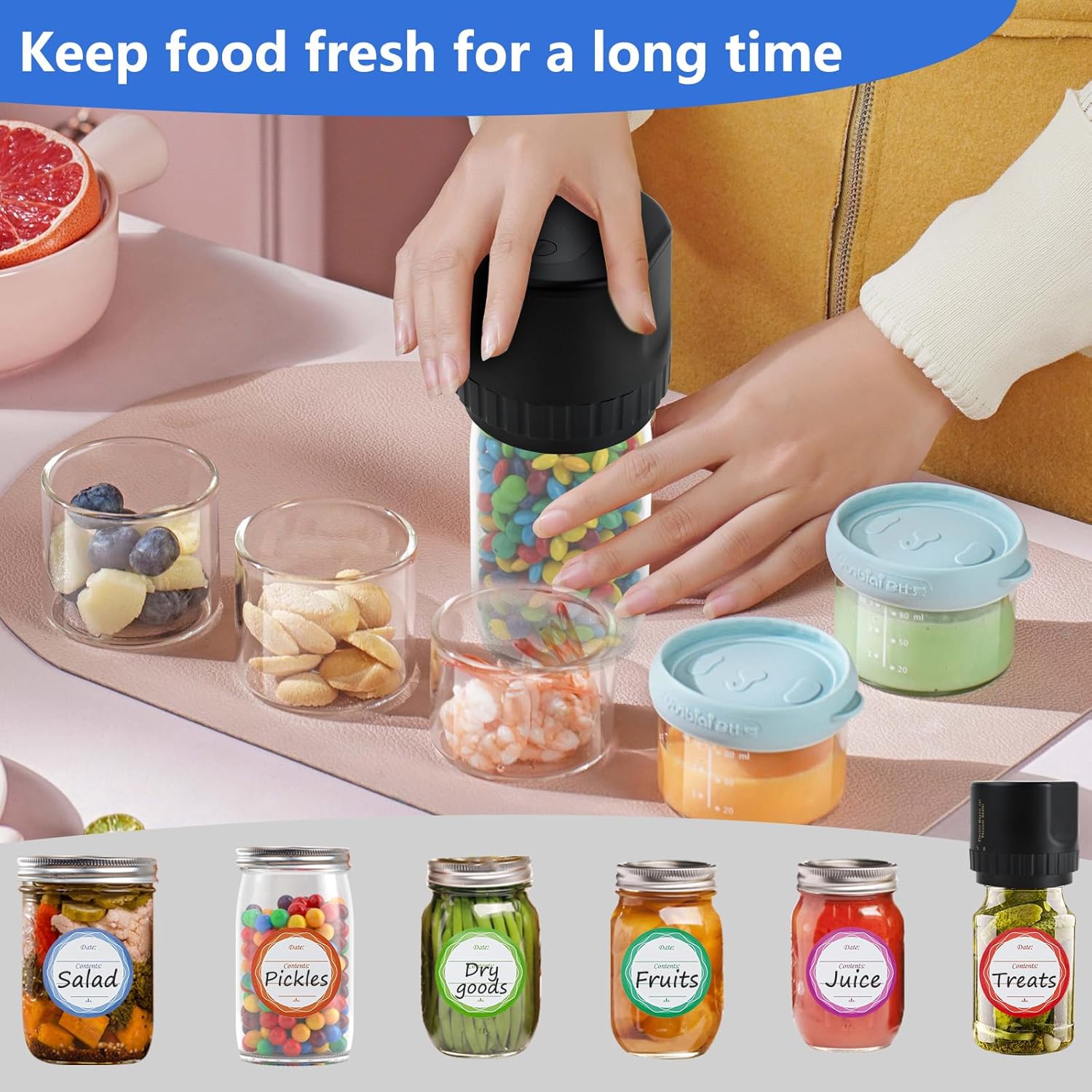 BN-LINK Electric Mason Jar Vacuum Sealer with 10 Pack Lids, Automatic Wide Mouth and Regular Mouth Mason Jar Sealer Kit, Jar Vacuum Sealer for Food Storage and Fermentation