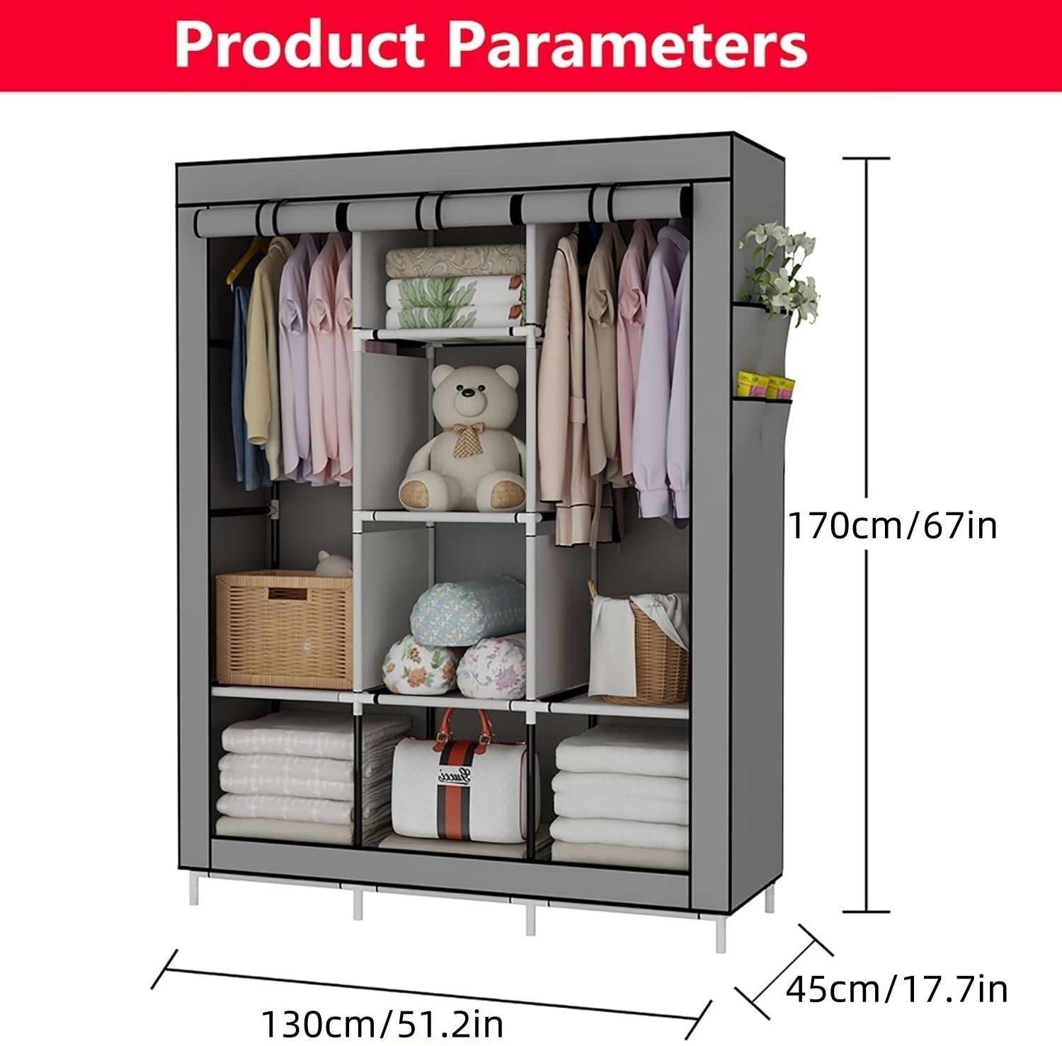 Portable Closet Wardrobe, Wardrobe Closet Organizer With Non-Woven Fabric Cover, 8 Compartments, Large Clothes Storage Organizer, 51.2x 17.7 x 67 Inches, Gray Bn-link
