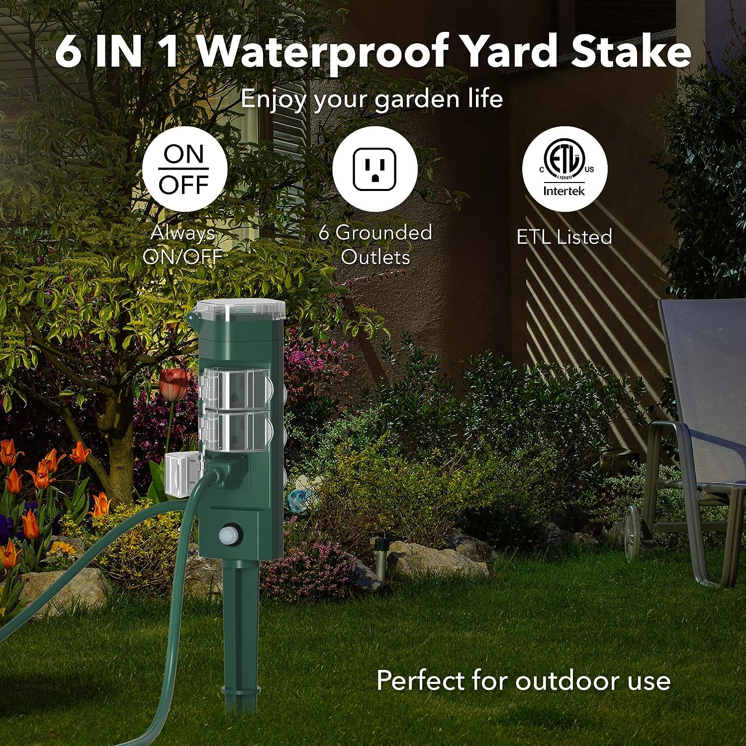 Outdoor Photocell Power Strip Yard Stake 6 Grounded Outlets Waterproof (2, 4, 6, 8 Hour) HBN - BN-LINK