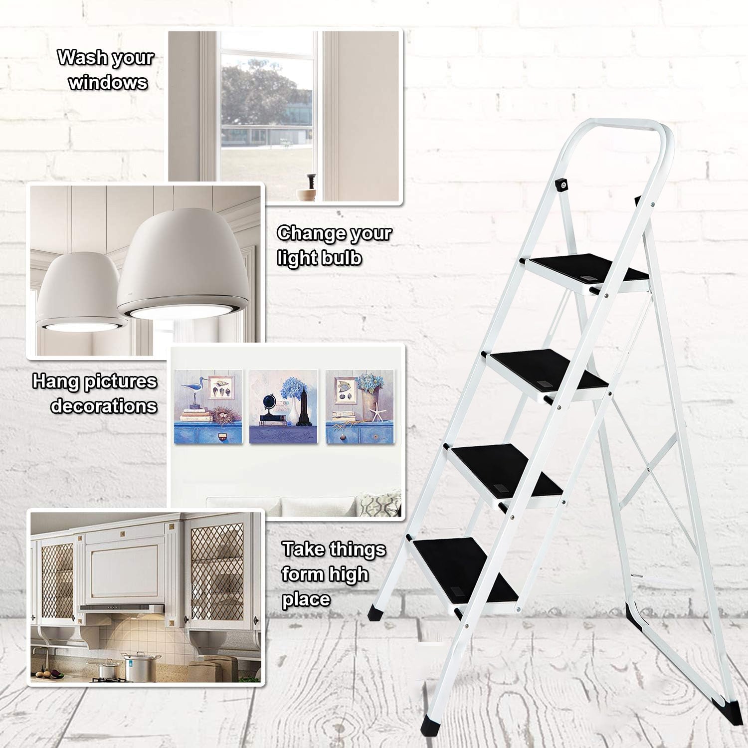 3&4 Step Ladder, Folding Step Stool with Wide Anti-Slip Pedal, Portable Sturdy Iron Ladder with Handrails for Home, Office, Library, 330 lbs Capacity Bn-link