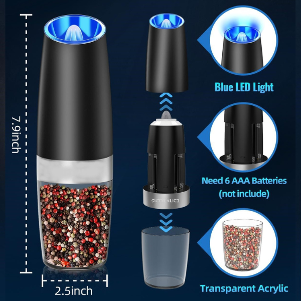 2 Pack Electric Salt and Pepper Automatic Grinder Set 5 Adjustable Coarseness with Blue Led Light Bn-link - BN-LINK