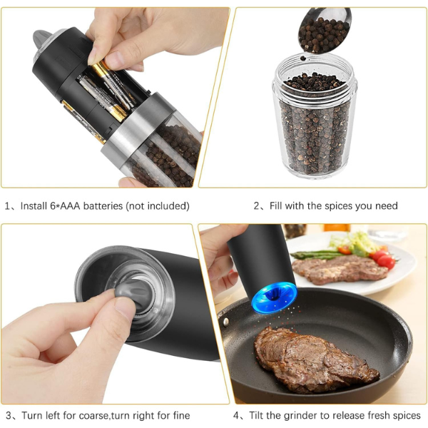 2 Pack Electric Salt and Pepper Automatic Grinder Set 5 Adjustable Coarseness with Blue Led Light Bn-link - BN-LINK