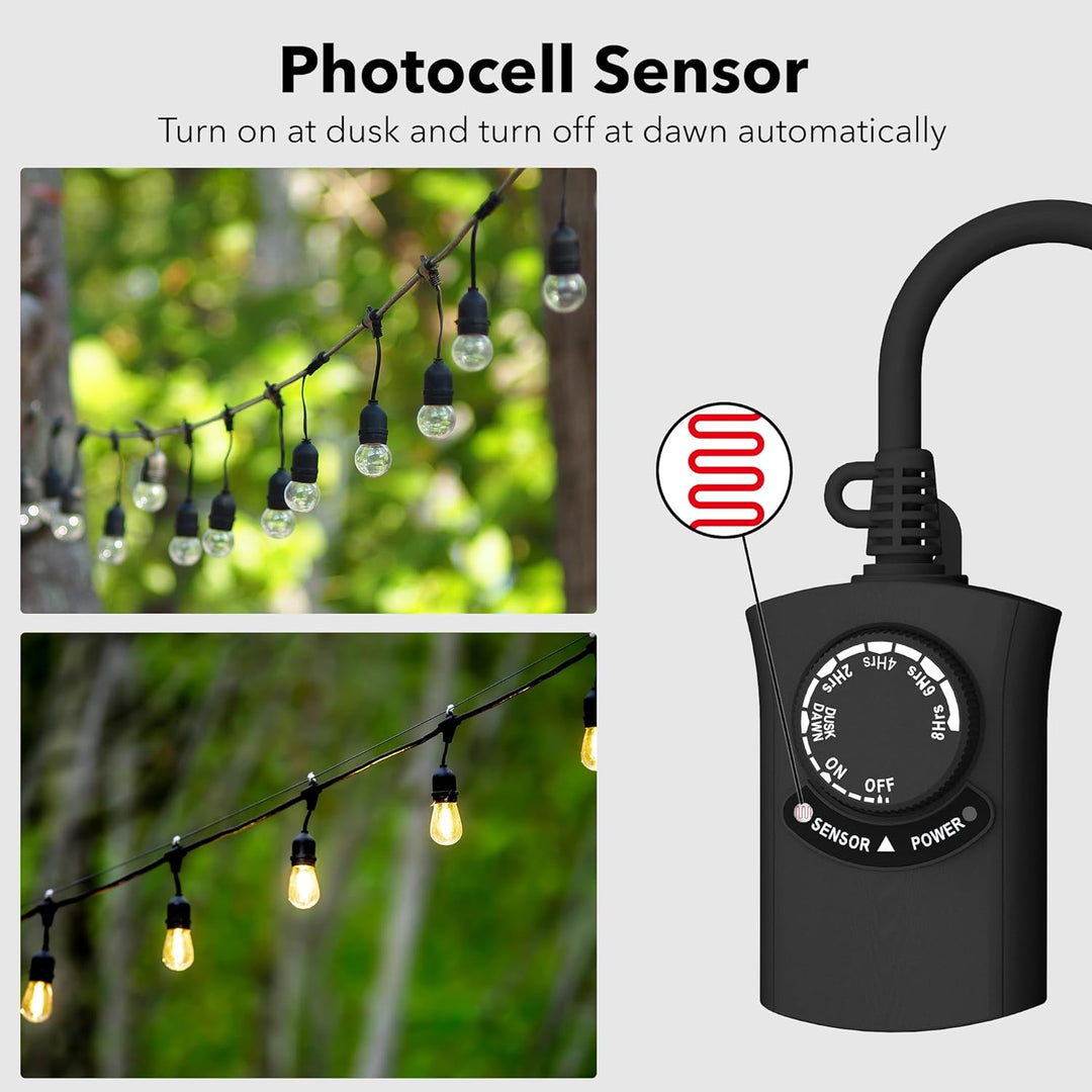 Outdoor Photocell Light Timer Waterproof Dusk to Dawn Sensor 1 Timer Outlet 2/4/6/8 Countdown HBN - BN-LINK