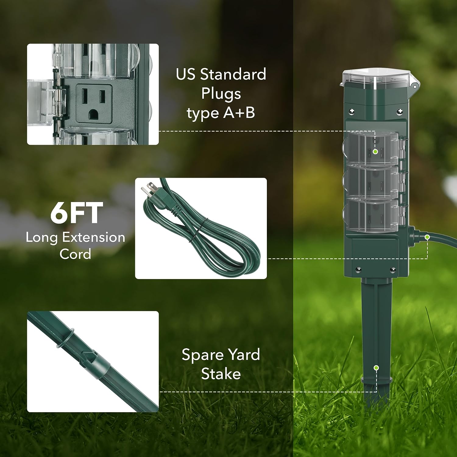Outdoor Photocell Power Strip Yard Stake 6 Grounded Outlets Waterproof (2, 4, 6, 8 Hour) HBN - BN-LINK
