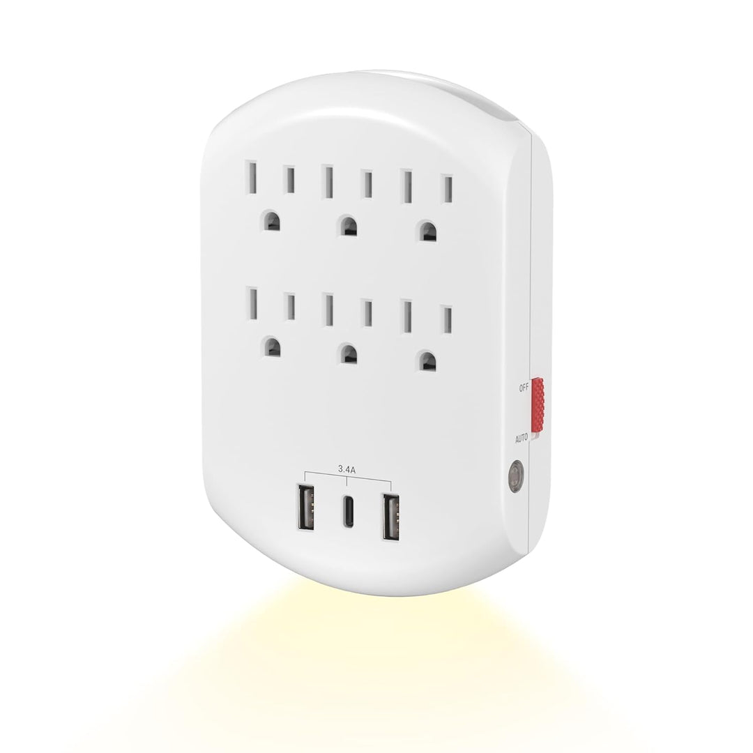 USB Multi Plug Outlet Wall Charger With Auto Sensor LED Night Light, 6 Outlets 3 USB Charging Ports Bn-link - BN-LINK
