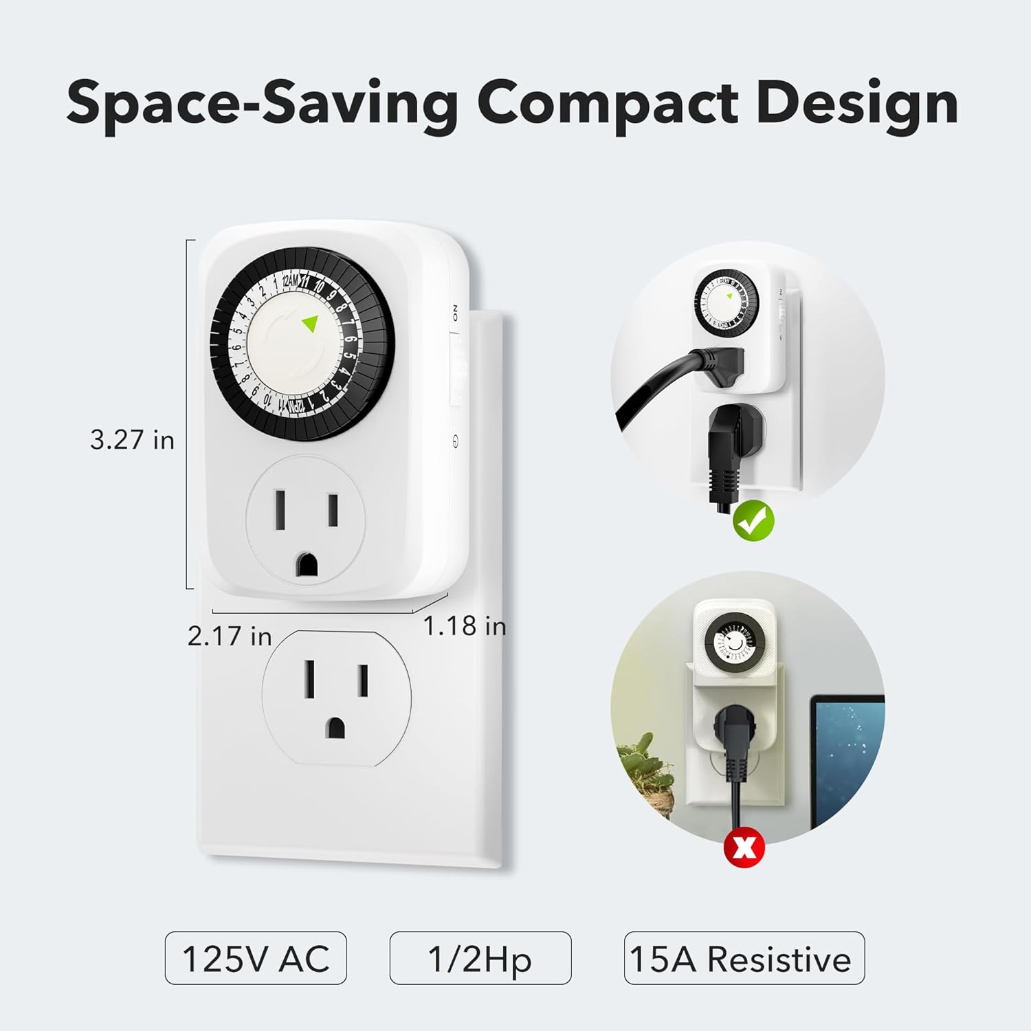 Indoor Mini 24-Hour Mechanical Outlet Timer 30 Minute Intervals 2 Pack HBN