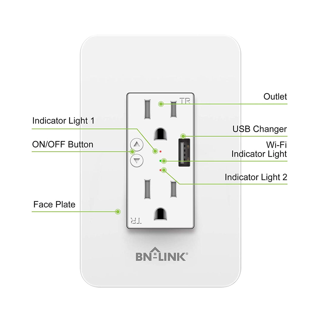 Electrical Outlet In-Wall Smart WiFi Outlet with High Speed 2.1A USB Port - BN-LINK
