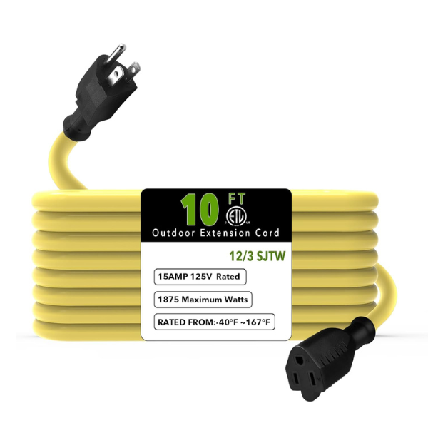 10ft Waterproof Outdoor Extension Cord 12/3 SJTW Heavy Duty Power Yellow Cord Bn-link - BN-LINK