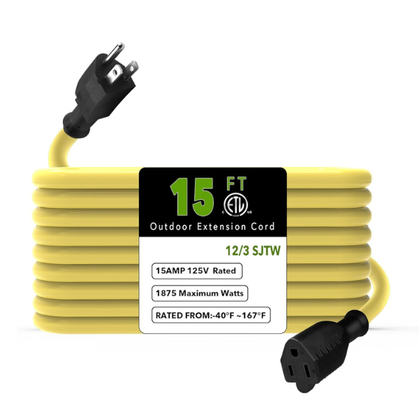 15ft Waterproof Outdoor Extension Cord 12/3 SJTW Heavy Duty Power Yellow Cord Bn-link - BN-LINK