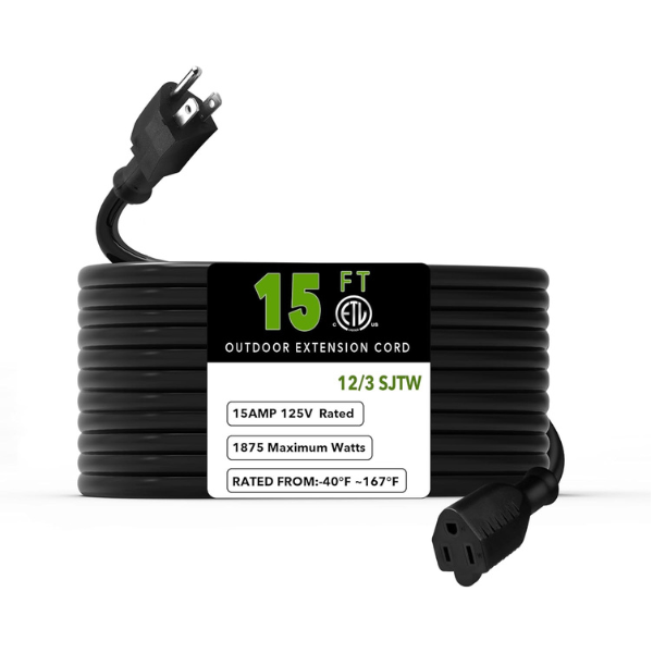 15ft Waterproof Outdoor Extension Cord 12/3 SJTW Heavy Duty Power Black Cord Bn-link - BN-LINK