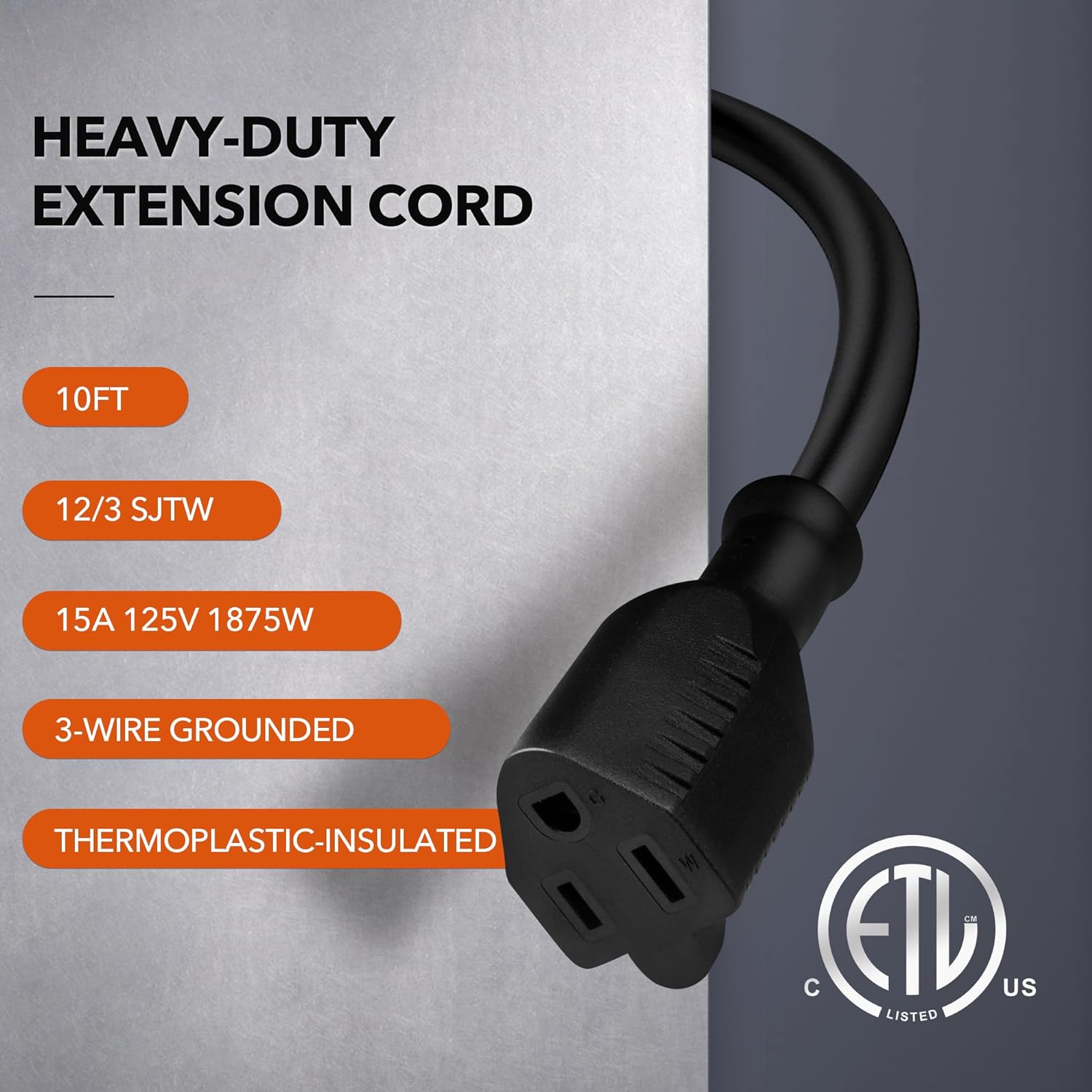 10ft Waterproof Outdoor Extension Cord 12/3 SJTW Heavy Duty Power Black Cord Bn-link - BN-LINK