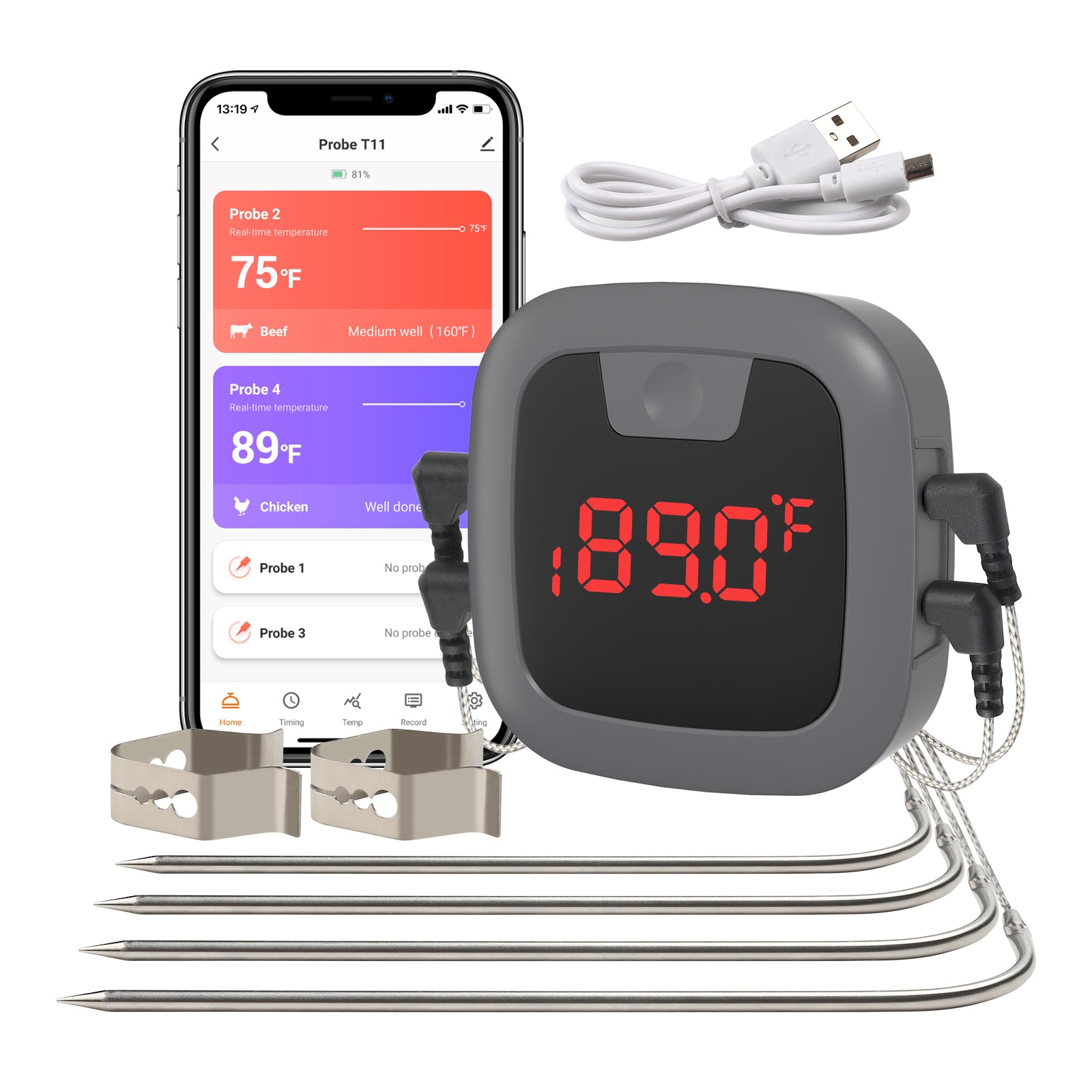 Bluetooth Meat Grill Thermometer with 4 Probes with Alarm & Timer