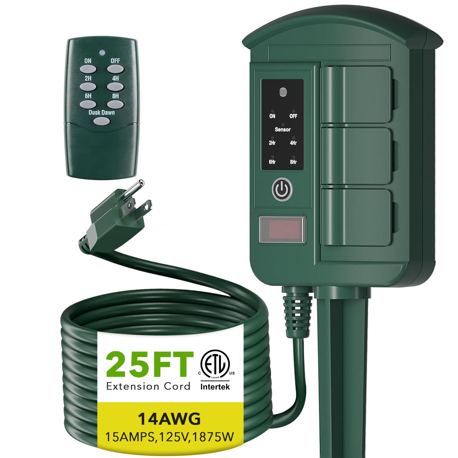BN-LINK Outdoor Power Stake with Timer, 25ft Extension Cord, 6-Outlet Power Strip Weatherproof, 100ft Remote Control, Dusk to Dawn Sensor Timer for Lights, Pool & Backyard Decorations