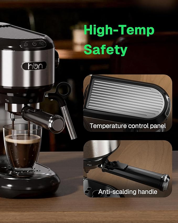 20 Bar Espresso Machine with Milk Frother, Compact Espresso Maker for Ground Coffee, Stainless Steel Coffee Machine with Steam Wand & 34oz Removable Water Tank, 1450W for Home & Office HBN - BN-LINK