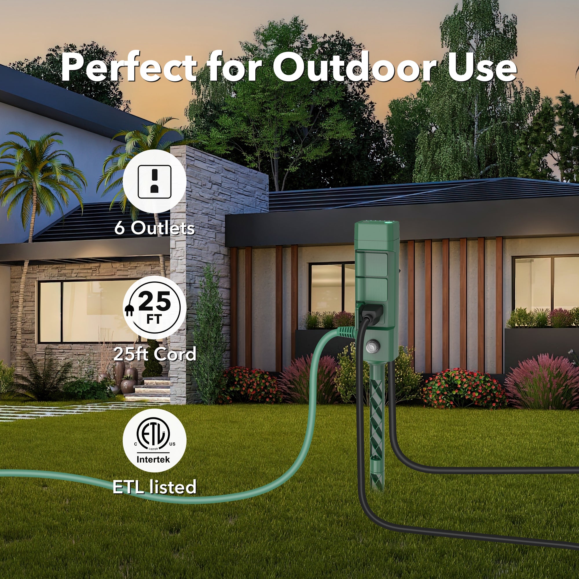 BN-LINK 25ft Outdoor Extension Cord with Power Stake & Light Timer, 6-