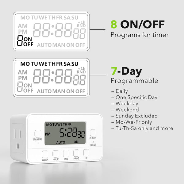 7-Day Heavy Duty Digital Timer with Dual Outlet LCD Display 3-Prong BN