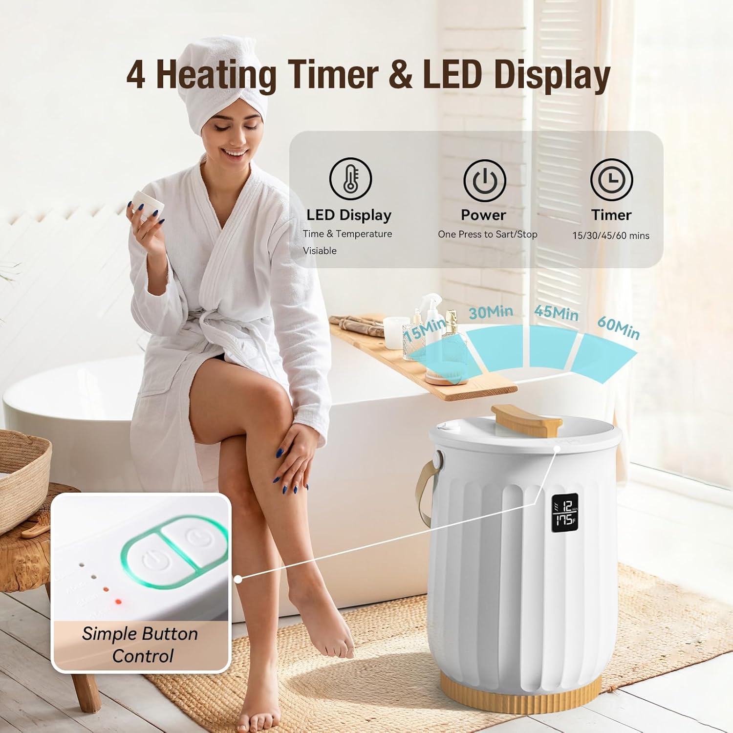 Tower Warmer, 20L Large Hot Towel Warmers Bucket with LED Display, Auto Shut Off, Child Lock, Heat Timer 15/30/45/60 Min Adjustable, for Hot Tub, Bathroom, Spa, White