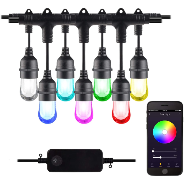 Smart Outdoor Patio Lights RGB Color & White LED Smart String Light-24ft 5 Core Wire HBN