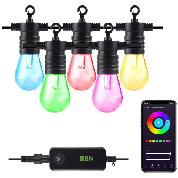 Smart Outdoor Patio Light RGB Color & White LED Lights -24ft, 12 Round Bulbs HBN - BN-LINK