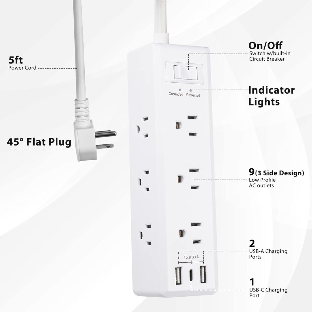 Surge Protector Power Strip with 9 Outlets 2 USB-A 1 USB-C 3-Side Outlet - BN-LINK