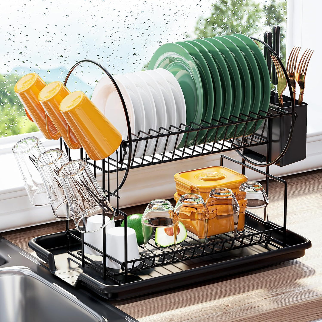 2 Tier Dish Drying Rack for Kitchen Counter with Drainboard Bn-link