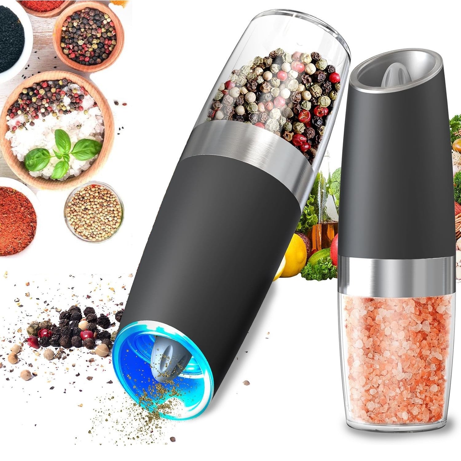 Gravity Electric Pepper and Salt Grinder Set, 2pack Battery Operated Automatic Pepper Mill Grinder with LED Light, Adjustable Coarseness, One Hand Automatic Operation Bn-link