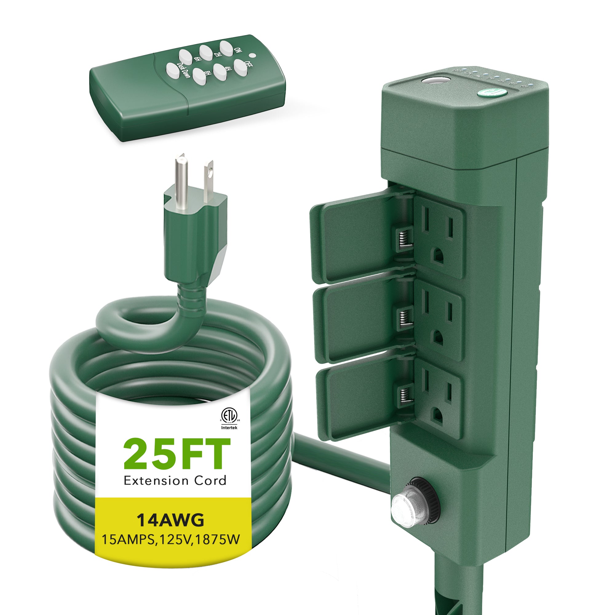 BN-LINK 25ft Outdoor Extension Cord with Power Stake & Light Timer, 6-Outlet Power Strip Weatherproof, 100ft Remote Control, Dusk to Dawn Sensor, 15A/1875W for Lights, Pool & Backyard Decorations