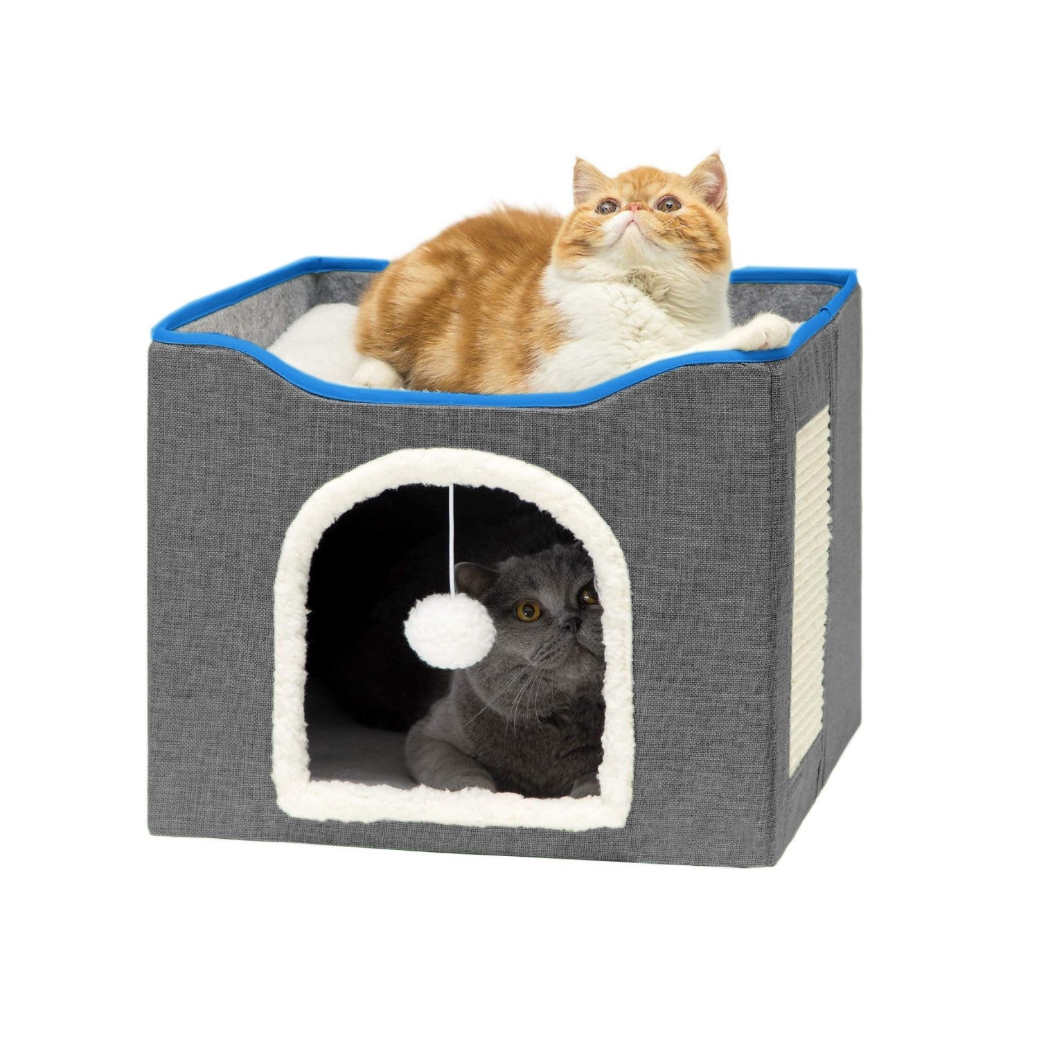 Cat Bed, Cat Cave with Fluffy Ball and Scratch Pad, Foldable Cat Condo Hideaway with Reversible Cushion for Multi Small Pet Bn-link