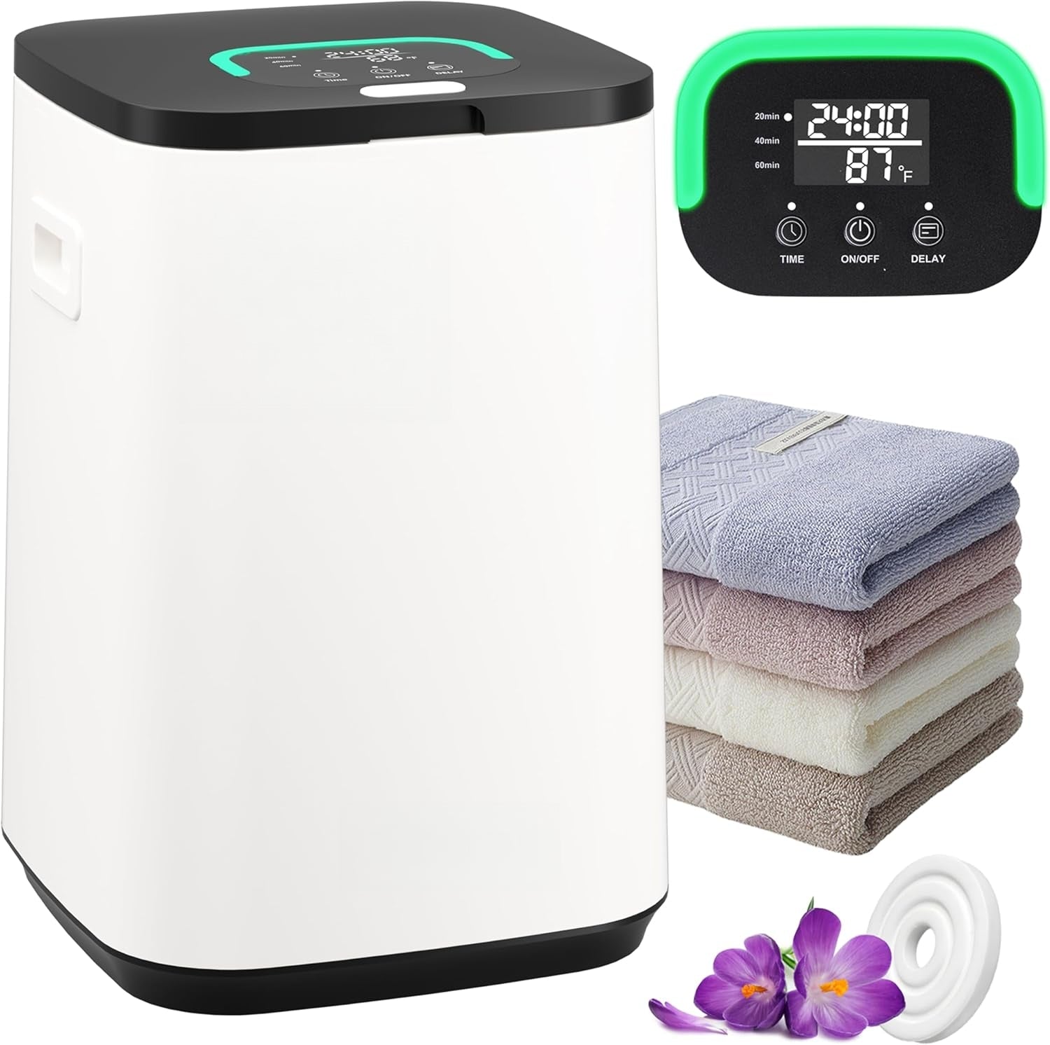 Tower Warmer, 23L Large Hot Towel Warmers Bucket with LED Display, Auto Shut Off, Child Lock, Heat Timer 20/40/60 Min Adjustable, for Hot Tub, Bathroom, Spa, White