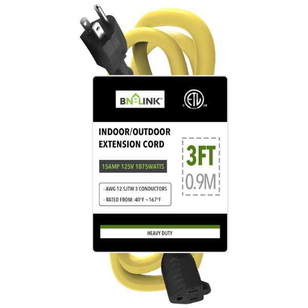 3ft Waterproof Outdoor Extension Cord 12/3 SJTW Heavy Duty Power Yellow Cord Bn-link - BN-LINK