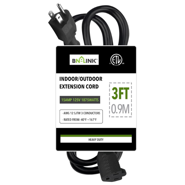 3ft Waterproof Outdoor Extension Cord 12/3 SJTW Heavy Duty Power Black Cord Bn-link - BN-LINK