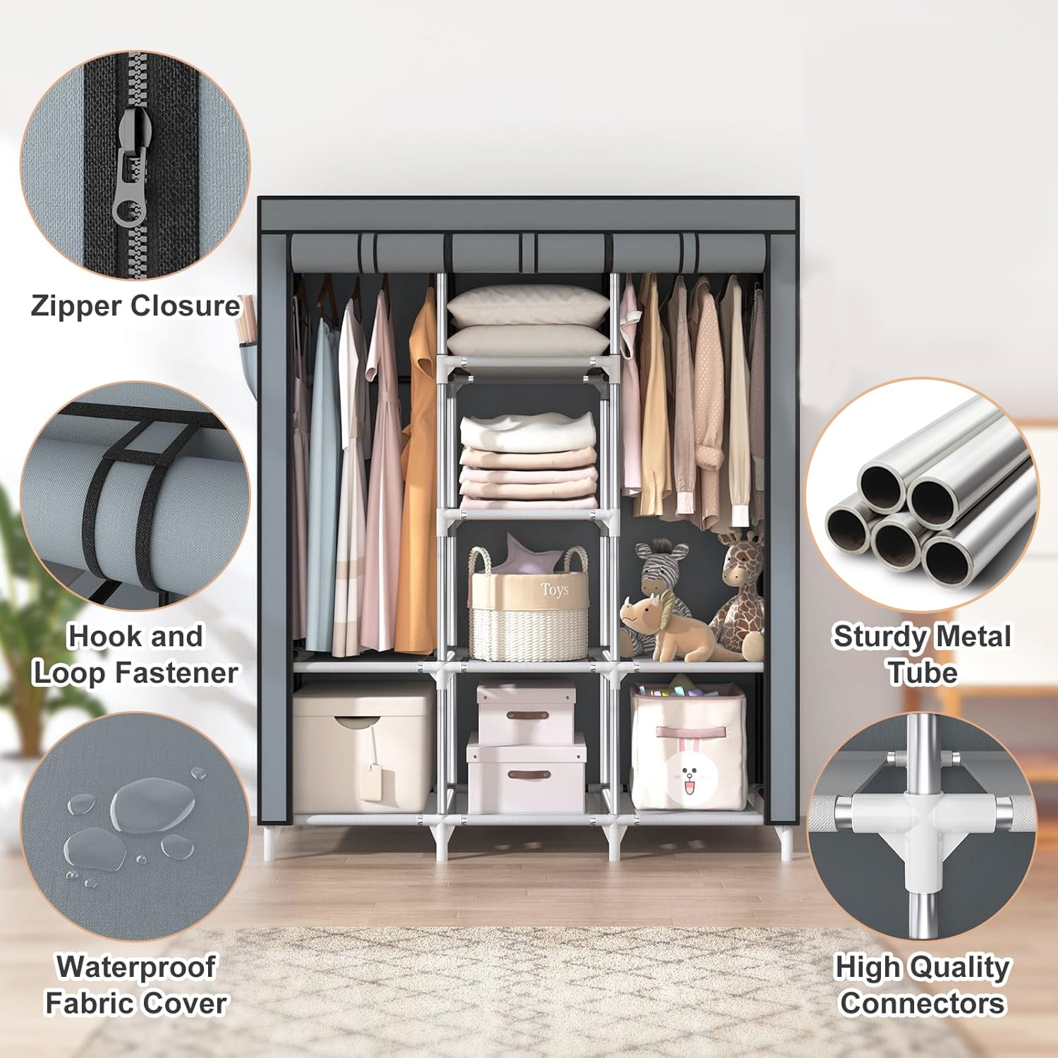 Portable Closet Wardrobe, Wardrobe Closet Organizer With Non-Woven Fabric Cover, 8 Compartments, Large Clothes Storage Organizer, 51.2x 17.7 x 67 Inches, Gray Bn-link