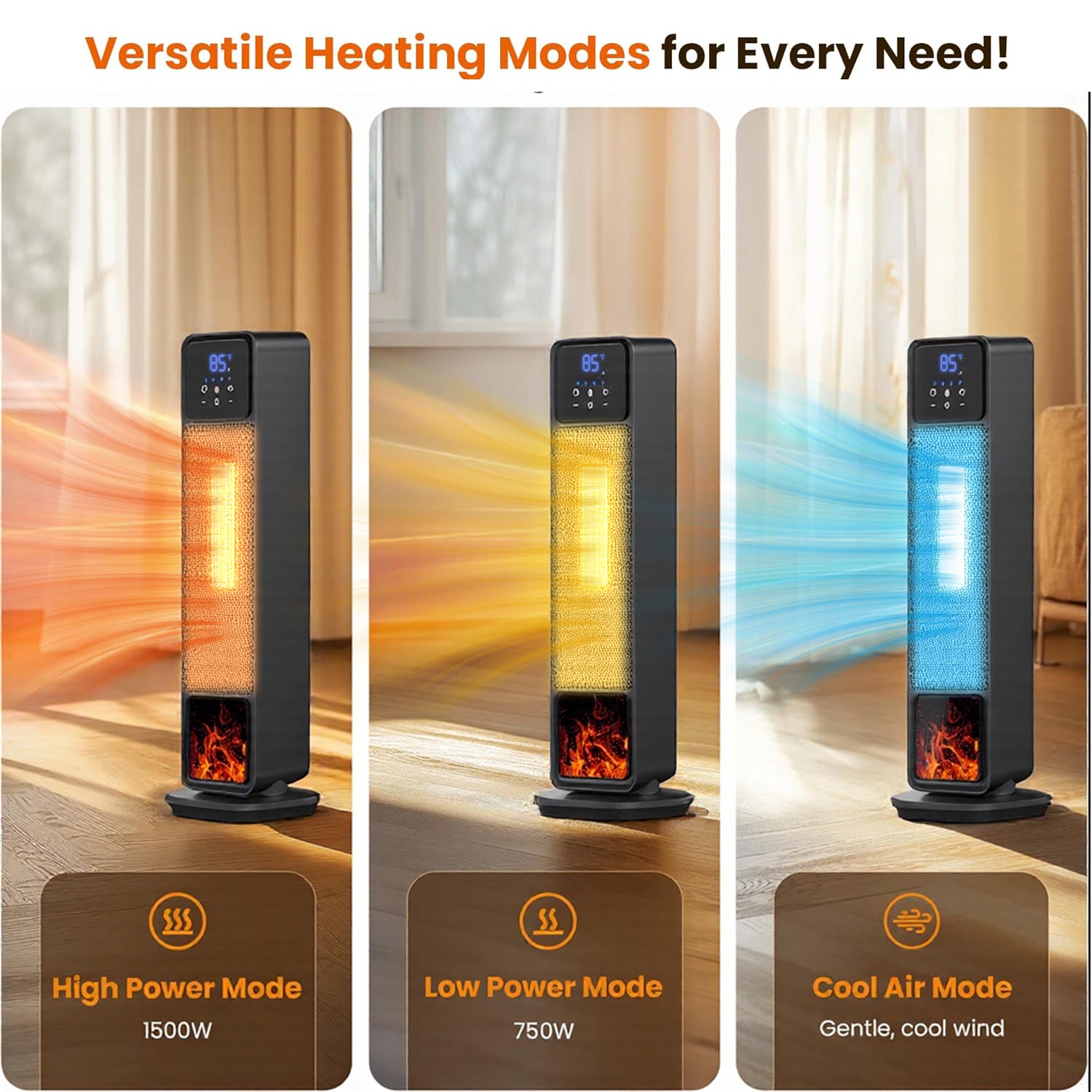 Space Heater Indoor, 24’’ Electric Heaters with Remote & Thermostat, 3 Modes & 70°Oscillation & 12H Timer, Quiet Portable Room Heater for Office, Bedroom, Large Room Bn-link