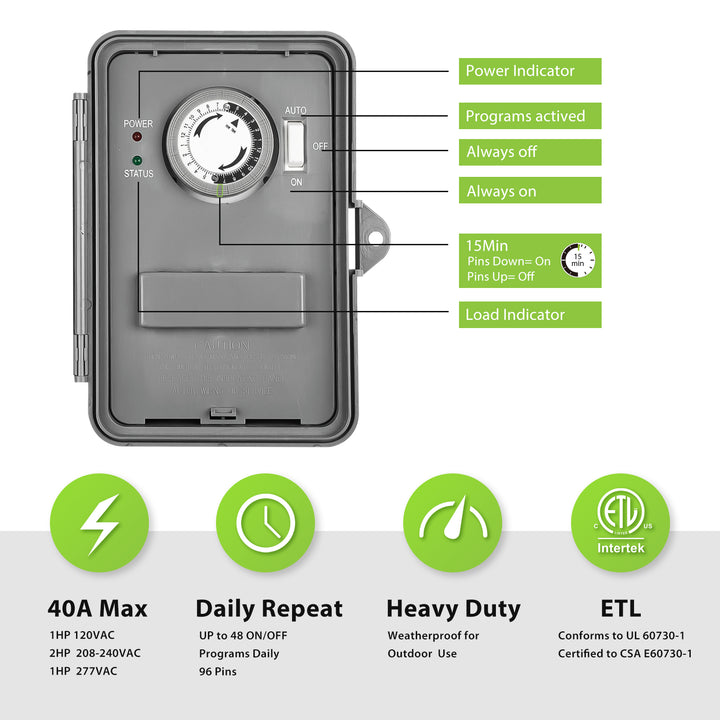 24 Hour Programmable Pool Pump Timer Heavy Duty Outdoor Mechanical Timer Box BN-LINK - BN-LINK