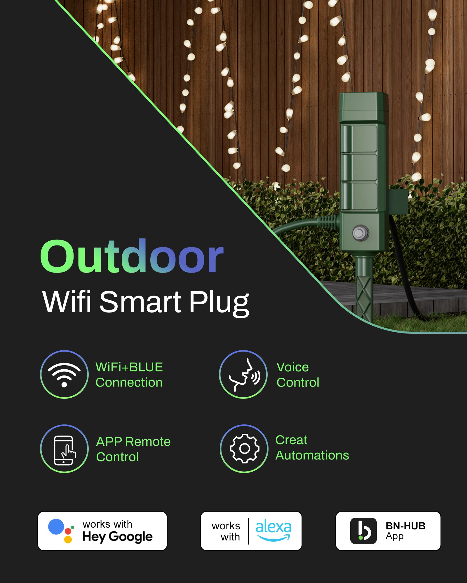 Outdoor Smart WiFi Timer Outlet Heavy Duty Yard Stake Compatible Function HBN