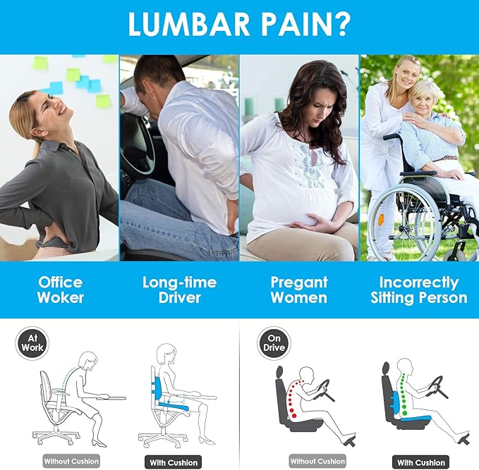 Seat Cushion and Lumbar Support Pillow Set for Office Chairs, Back Support Memory Foam Gel Cushion Bn-link