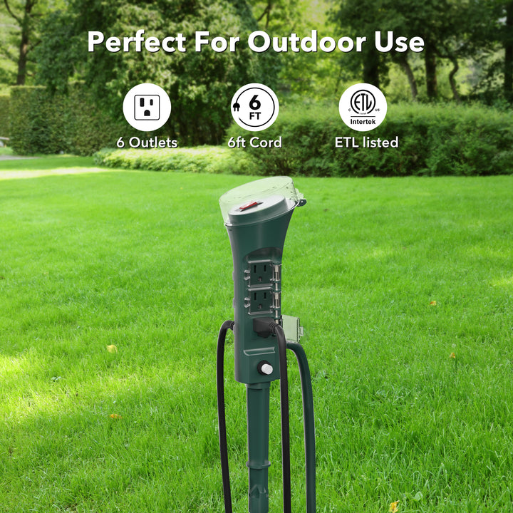 Outdoor Power Stake with 6 Outlets 6ft Extension Cord Overload Protection Weatherproof BN-LINK - BN-LINK