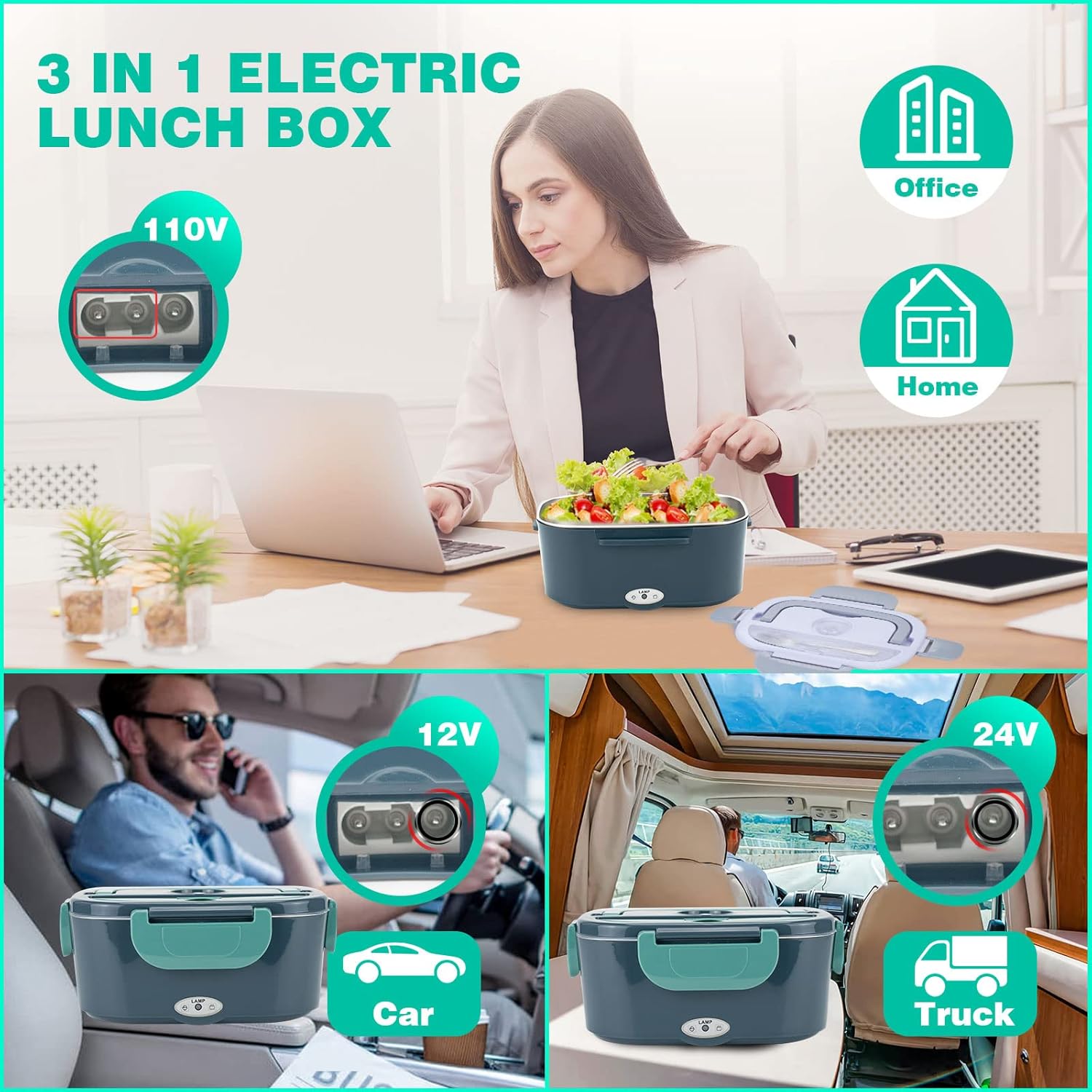 Electric Lunch Box, 3 in 1 Heated Lunch Boxes for Adults, Stainless Steel Food Warmer with 1.5L Container Fork & Spoon, for Work/Car/Truck/Travel Bn-link